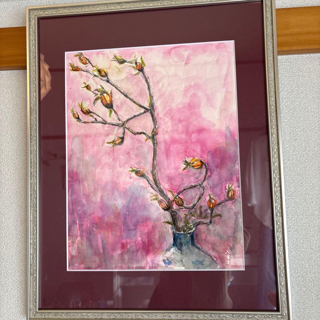 水彩画 花瓶と花 クチナシの実