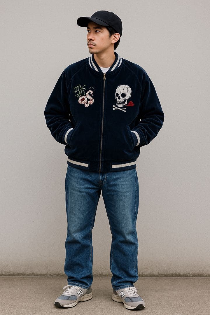 飛有棲屯 ヒューストン 別珍 ベロア スカジャン 髑髏 蛇 刺繍 ネイビー L