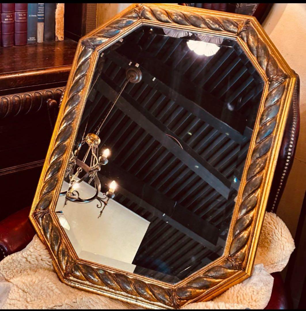 湯布院アンティーク イタリア ウォールミラ ゴールド木製フレーム 凸ガラス