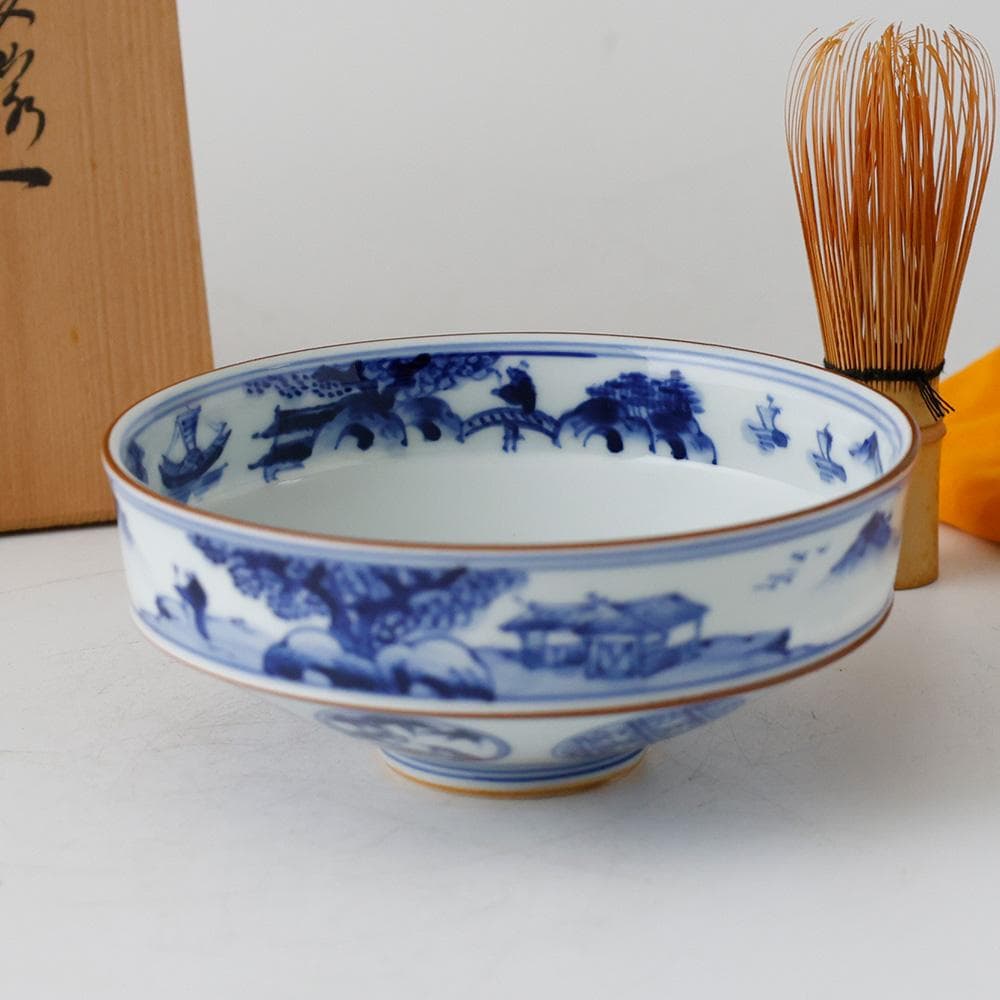 京焼 平安景雲 手塚景雲 染付丸文山水 平茶碗 共箱 黄布 茶道具 本物保証