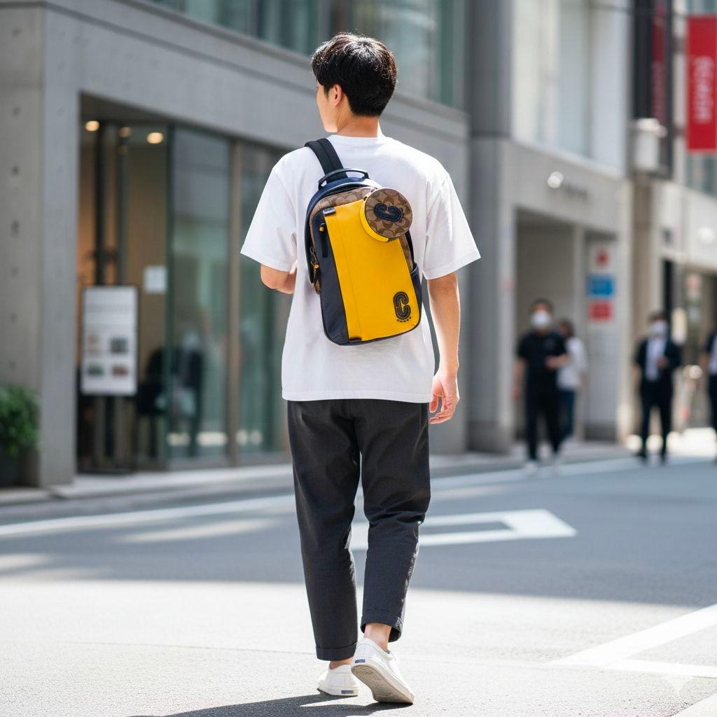 極美品 コーチ エッジパック ボディバッグ ビジネス レザー ロゴ イエロー 紺