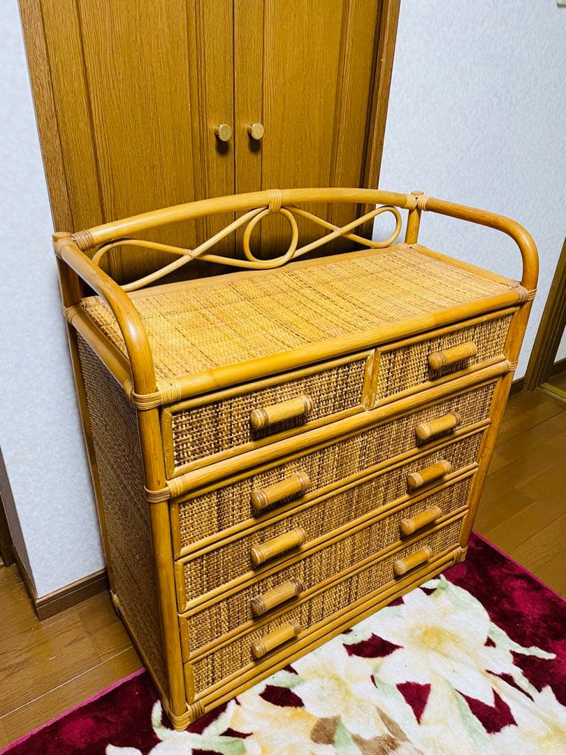 昭和レトロ　ラタン製チェスト 6引き出し ナチュラルウッド