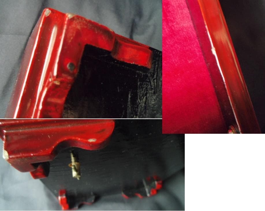 レトロ 漆器 宝石箱 オルゴール鍵 鏡 牡丹 蒔絵/昭和 木製アンティーク螺鈿