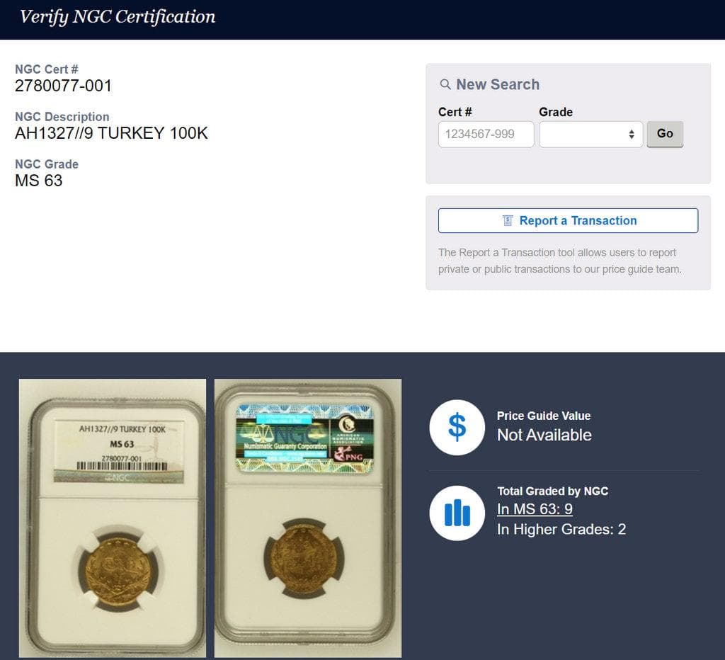 千*可様 AH1327//9 オスマン・トルコ帝国 100クルシュ 金貨 NGC