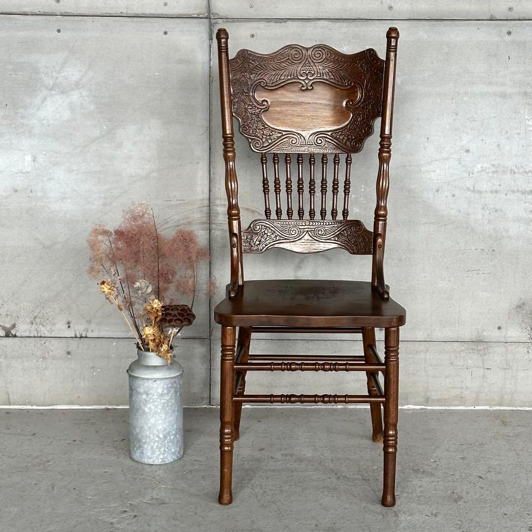 ★90s★昭和レトロ洋館風 山善 彫刻ダイニングチェア 天然木 ハイバックチェア