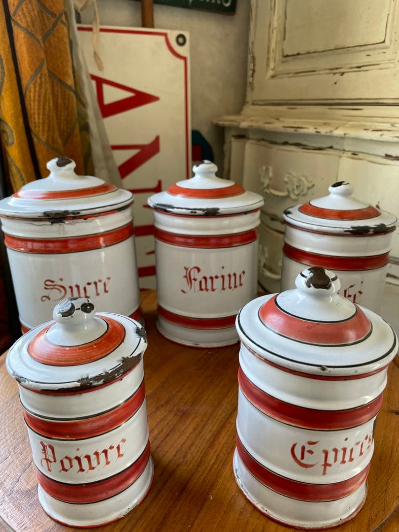 フランス　アンティーク　ホーロー　キャニスター　5個　ホワイト　レッド　ライン