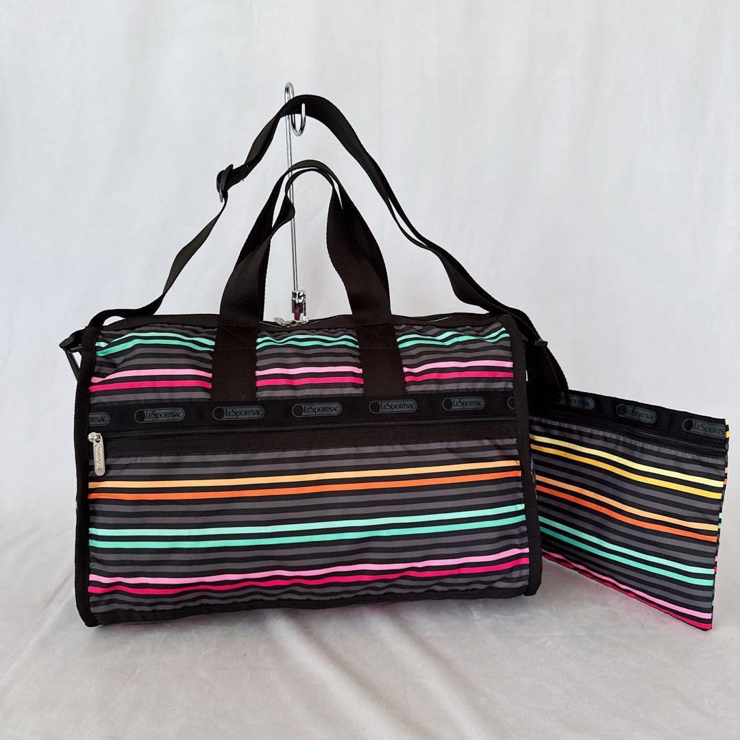 極美品ポーチ付きレスポートサック レストライプ ブラック ボストンバッグ黒 緑