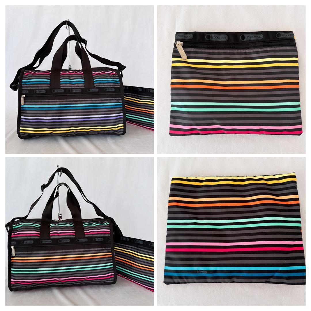 極美品ポーチ付きレスポートサック レストライプ ブラック ボストンバッグ黒 緑