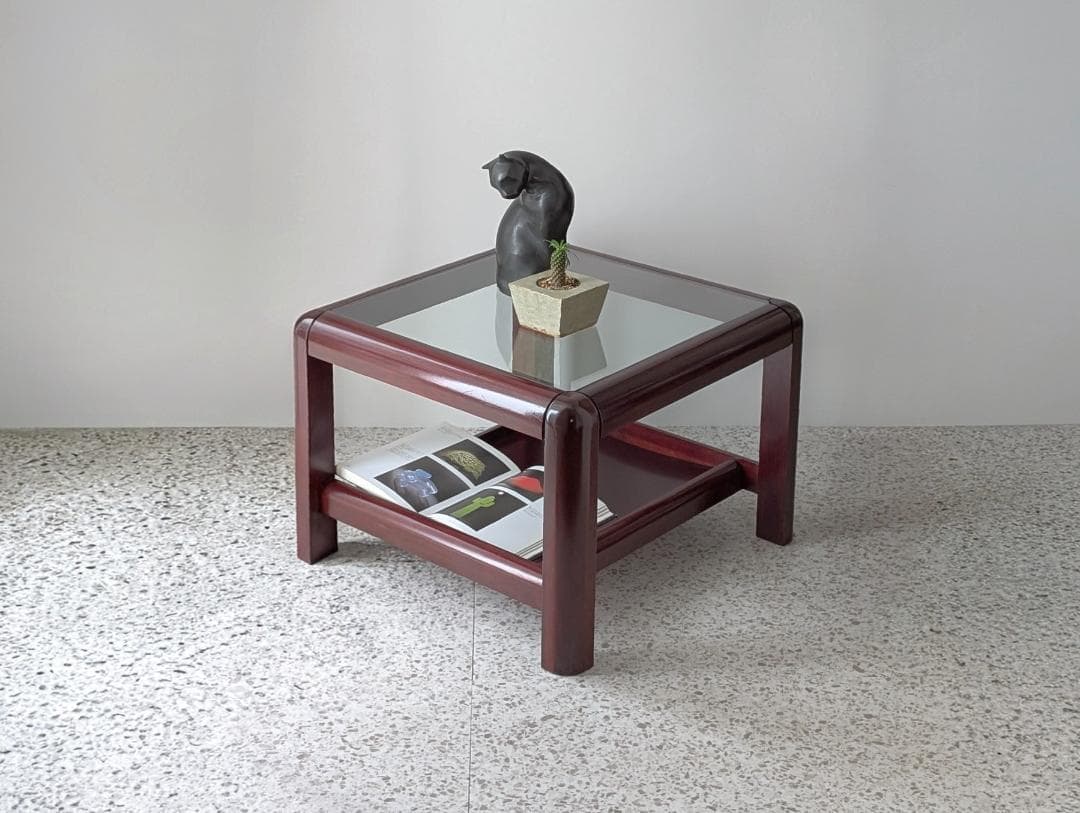 80s ウッドフレーム ガラストップ センターテーブル 正方形 ミッドセンチュリ