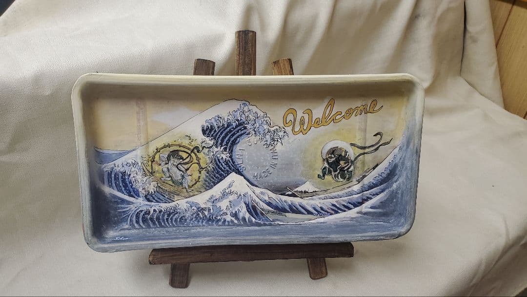 富嶽36景&風神雷神画 高級ウェルカムボード33cm イーゼル付