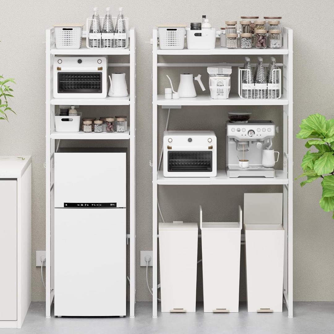 レンジ　ゴミ箱上ラック 冷蔵庫上ラック 幅50～80cm伸縮可・2口コンセント付