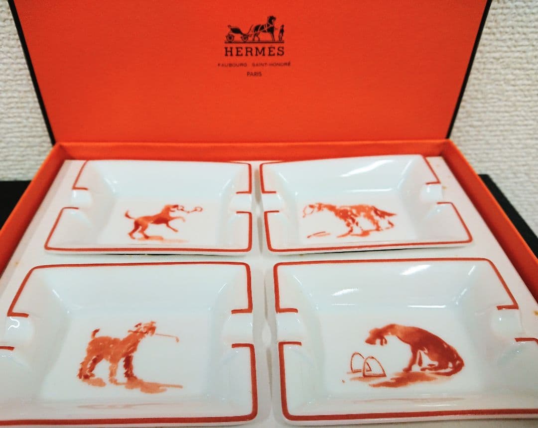 S【希少品】 エルメス HERMES ミニアッシュトレイ 4客セット 犬柄