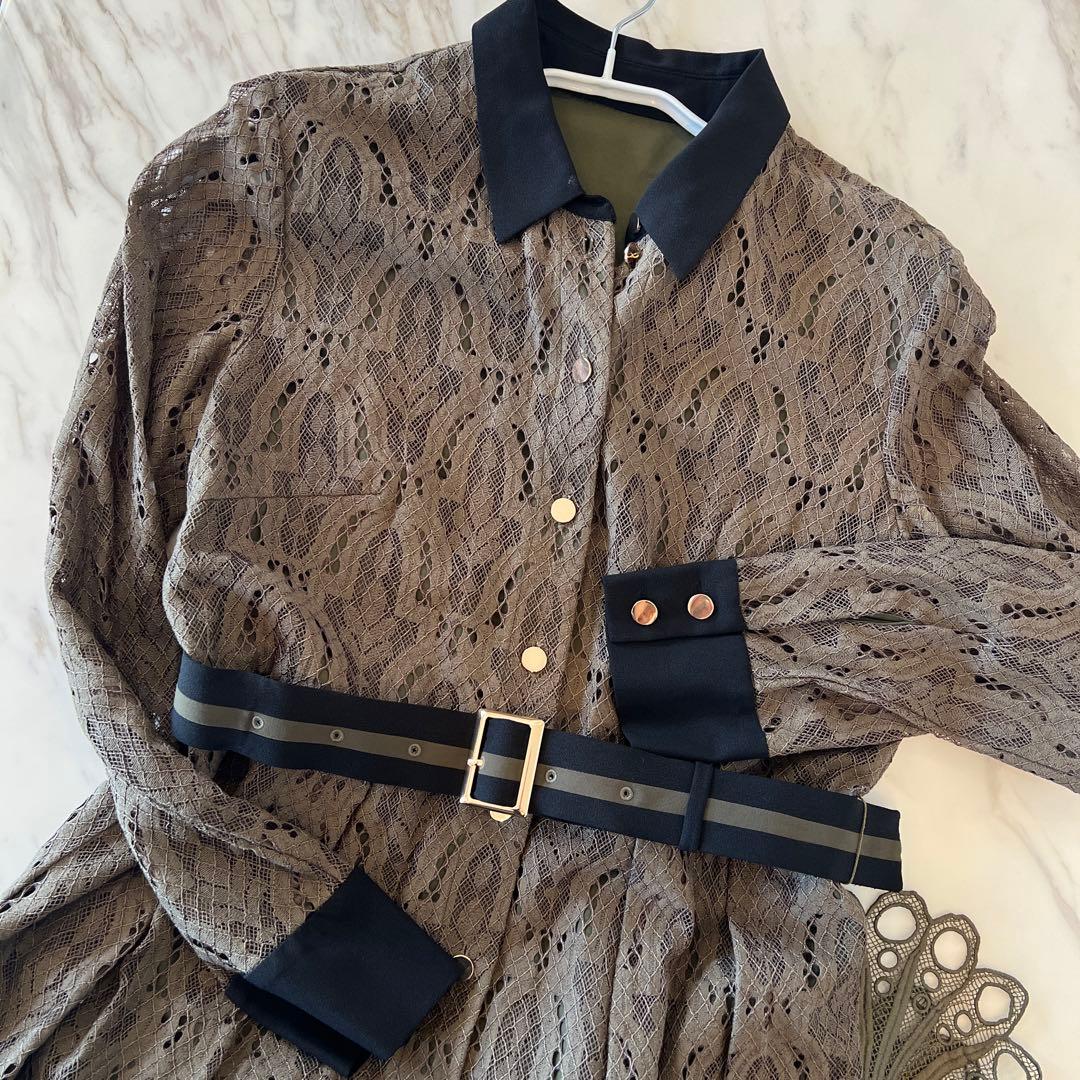 グレースコンチネンタル★38★ダイアグラムオリーブカーキ色レースシャツ襟ドレス