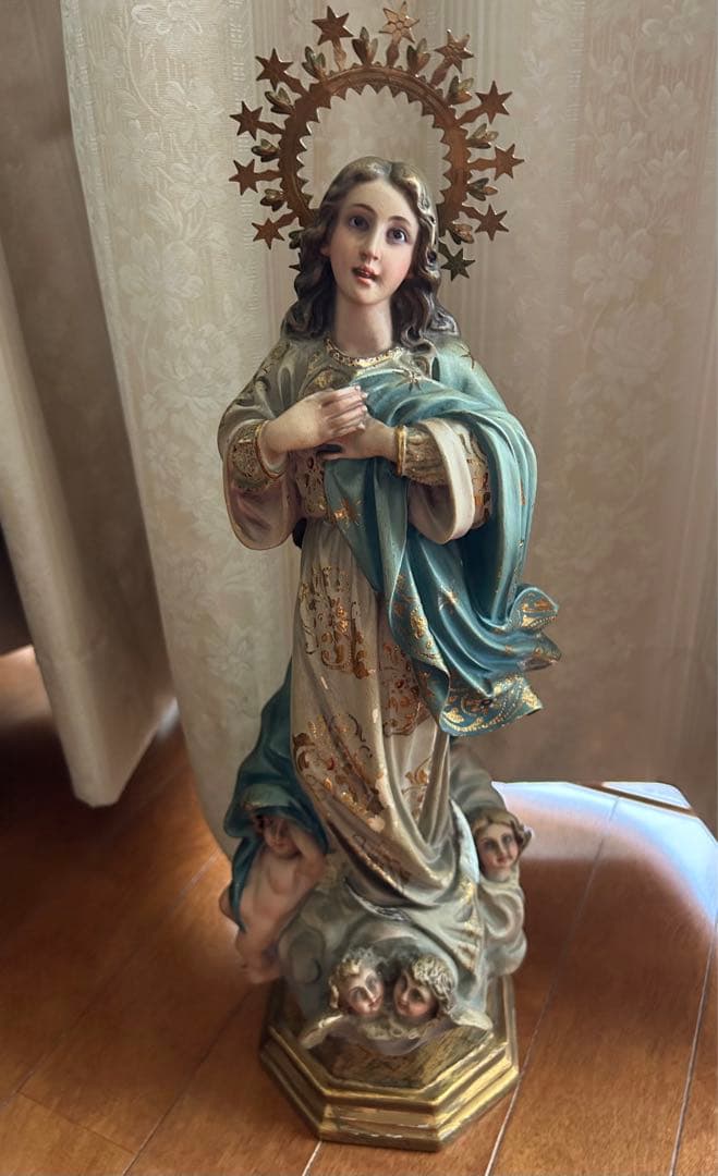 【超超希少美46.5cm】✞無原罪の御宿り 胸に手を当てる聖母マリア像　宗教彫刻