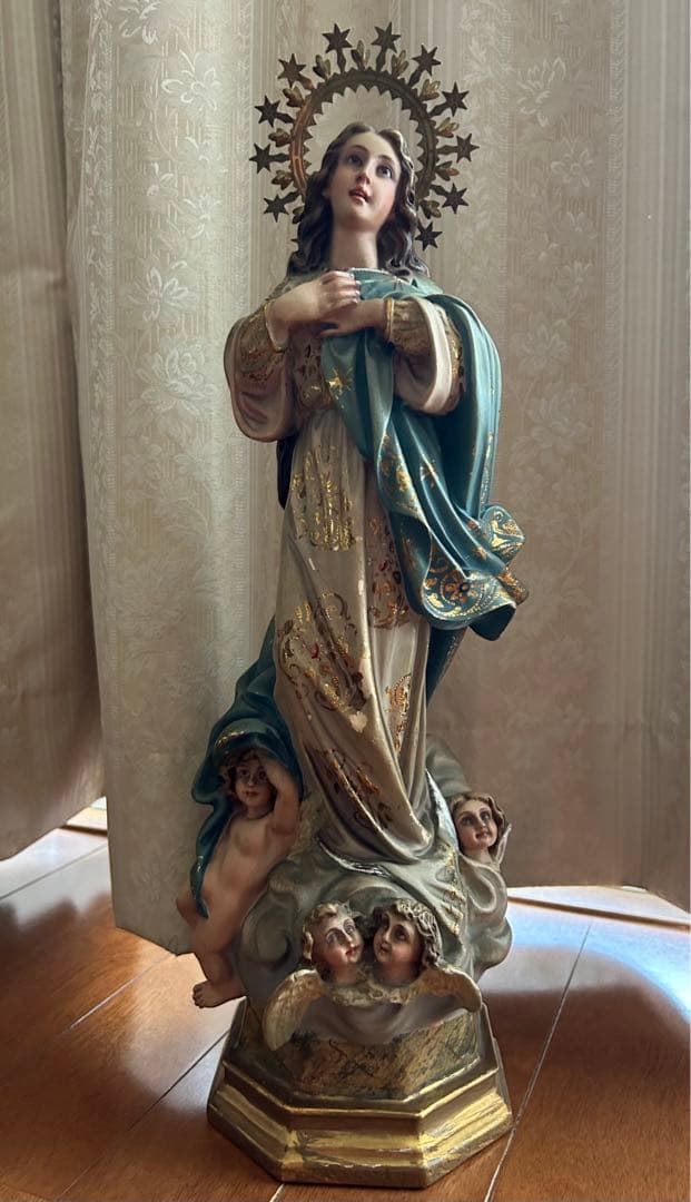 【超超希少美46.5cm】✞無原罪の御宿り 胸に手を当てる聖母マリア像　宗教彫刻