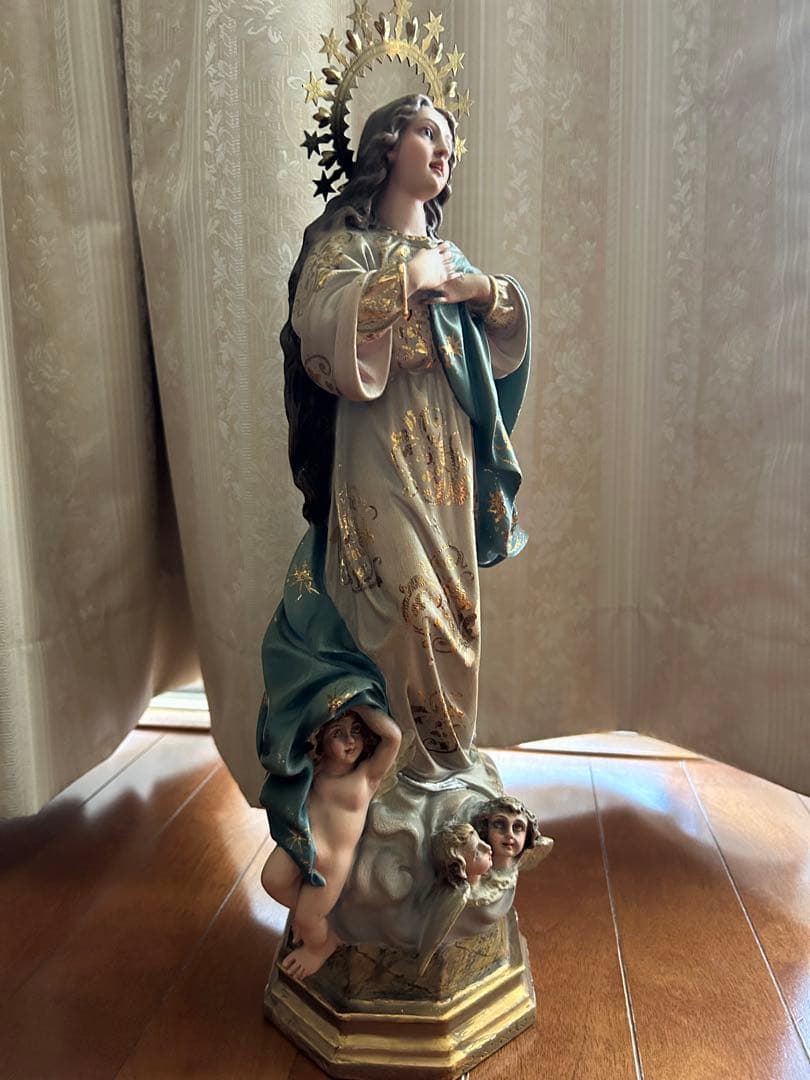 【超超希少美46.5cm】✞無原罪の御宿り 胸に手を当てる聖母マリア像　宗教彫刻