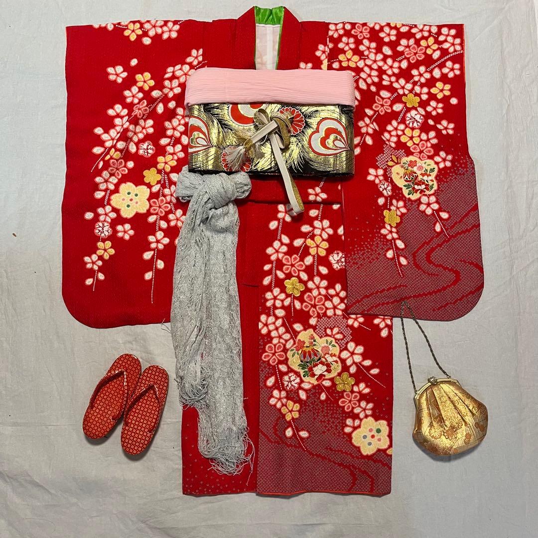 七五三　7歳　赤　絞り風　かのこ　アンティーク　正絹