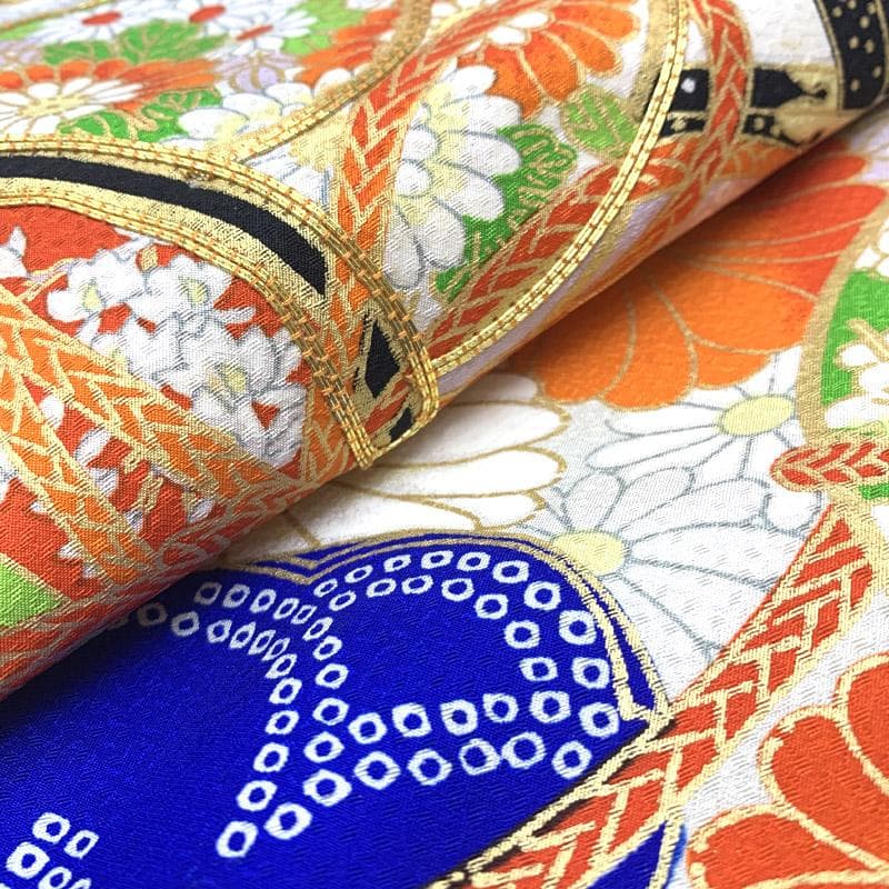 503ag52■七五三 七歳 女児 着物&袋帯&長襦袢 鼓 金彩 菊■状態良好