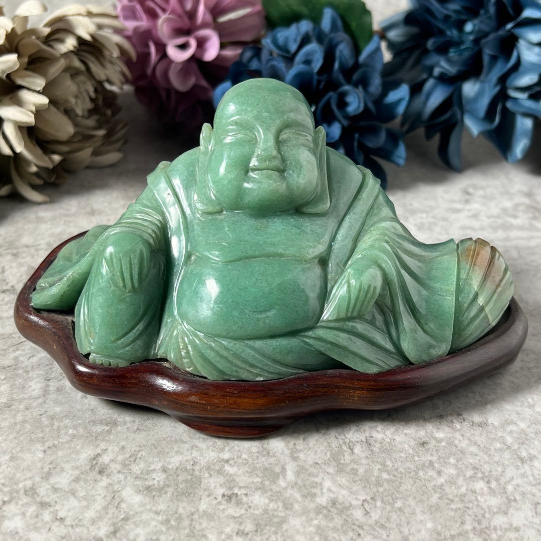 【翡翠】大型　布袋像翡翠吉祥置物　台付　中国古物　七福神