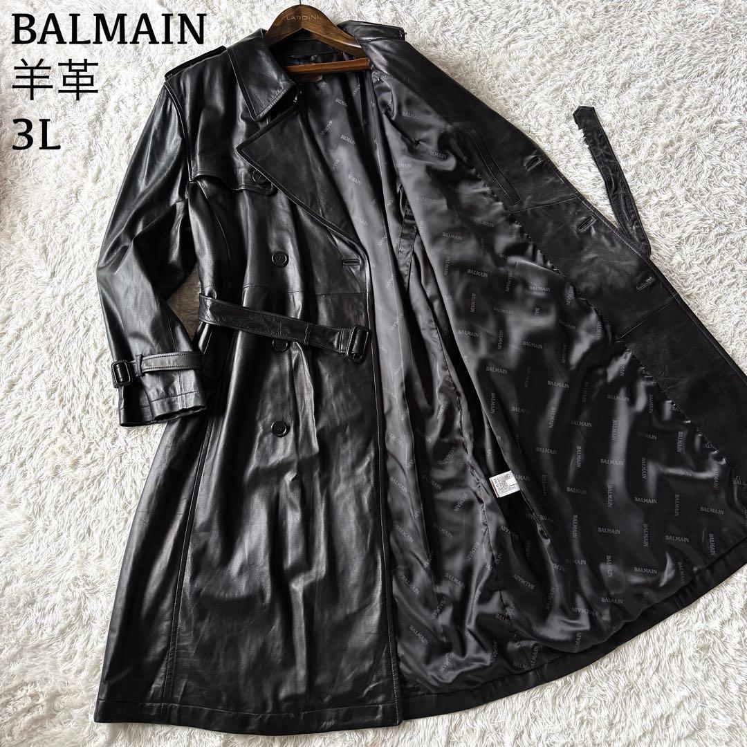 極美品　3Lサイズ！　バルマン　羊革　ラムレザー　トレンチコート　ブラック　ロゴ