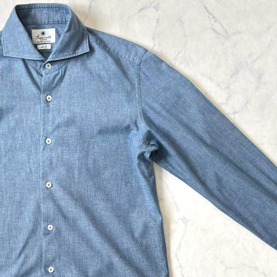 ジャンネット デニムシャツ 長袖 カッタウェイ 太陽アイコン 水色 40 tv5