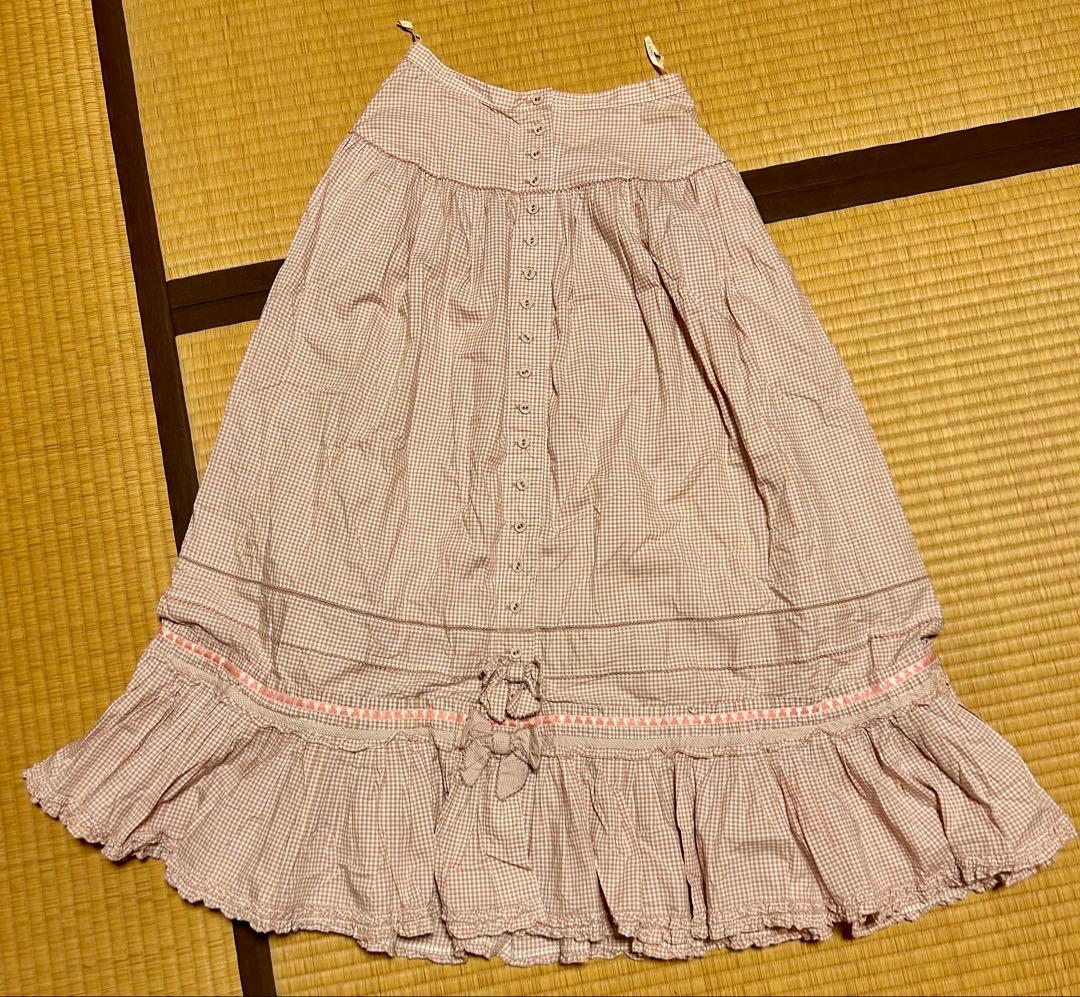 ピンクハウス チェック 綿フリルロングスカート