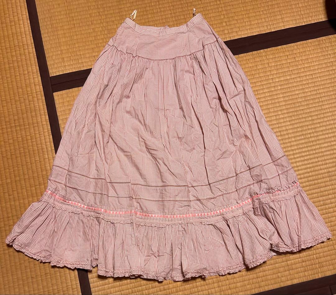 ピンクハウス チェック 綿フリルロングスカート