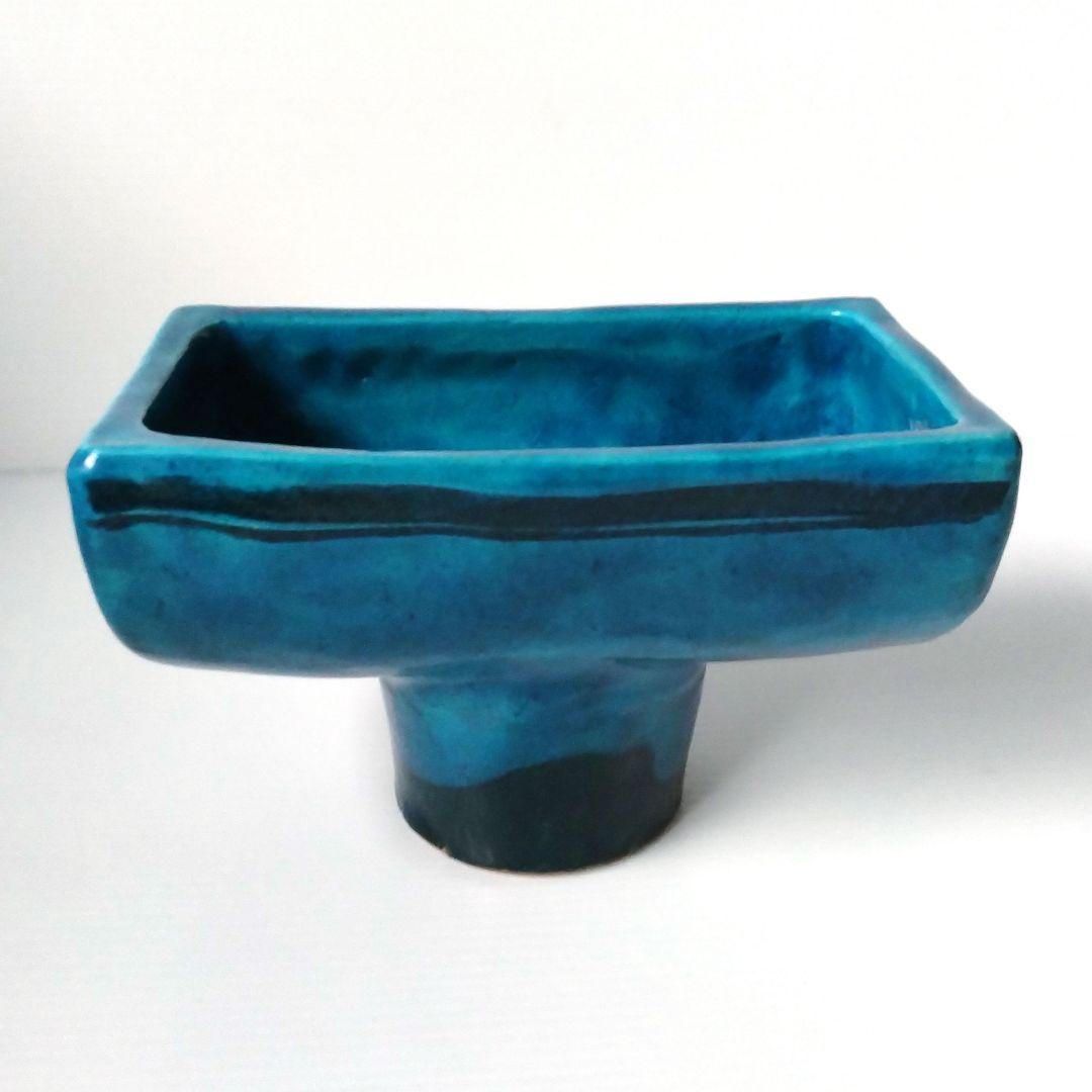 京焼 清水焼 花堂 大津寄花堂 高台 高足 花器 水盤 コンポート 草月 ブルー