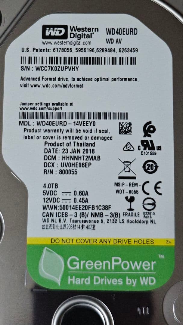★中古品★Western Digital WD40EURD 4.0TB HDD