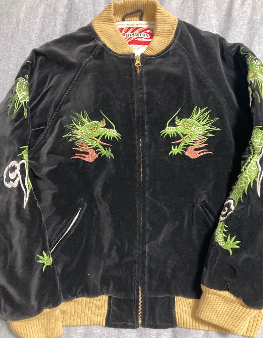 80s90s OLDヒューストン Houston別珍スカジャン黒 龍 M