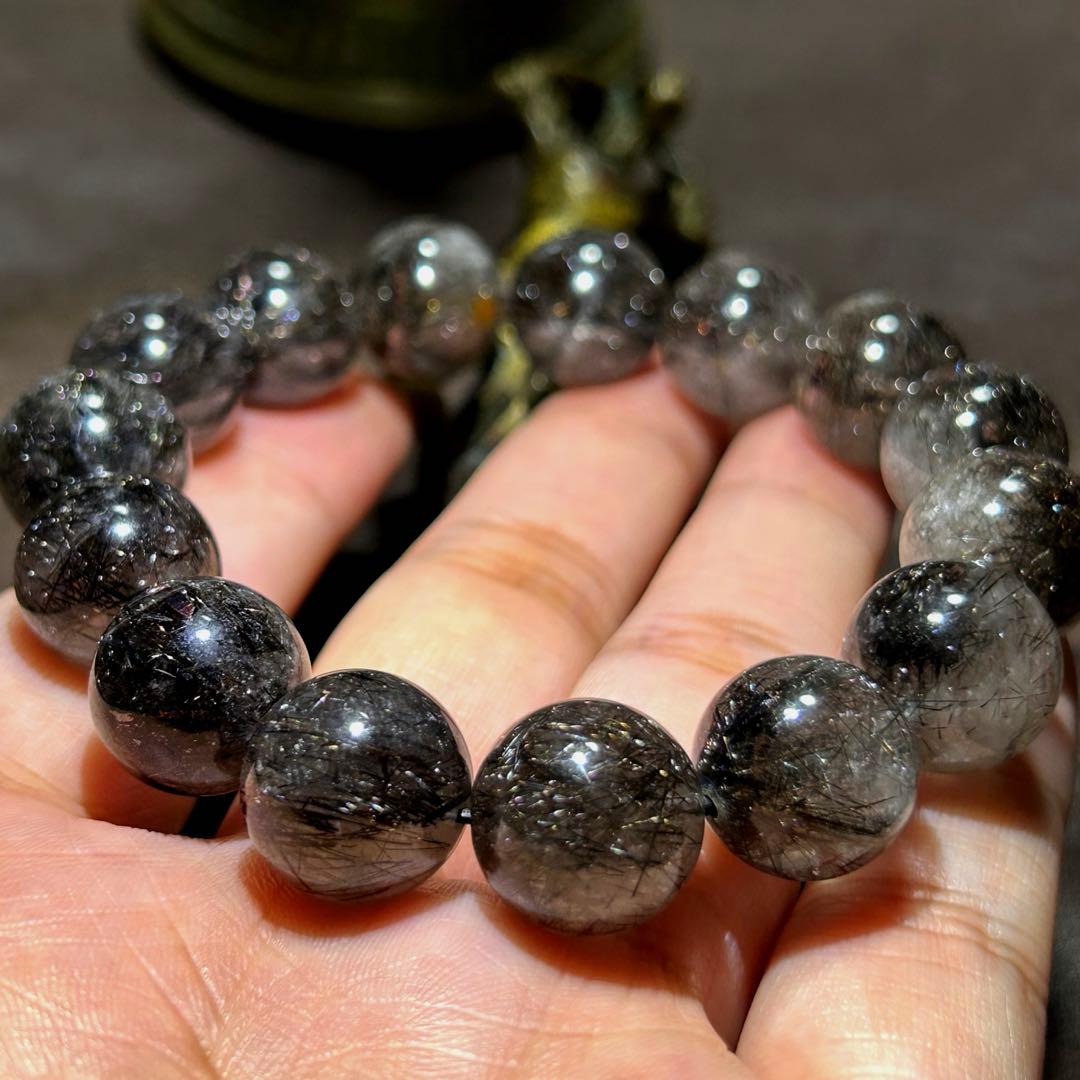 ⭐️最高級品！帝王秘宝！大粒希少！プラチナ　ブラック　ルチル　ブレス