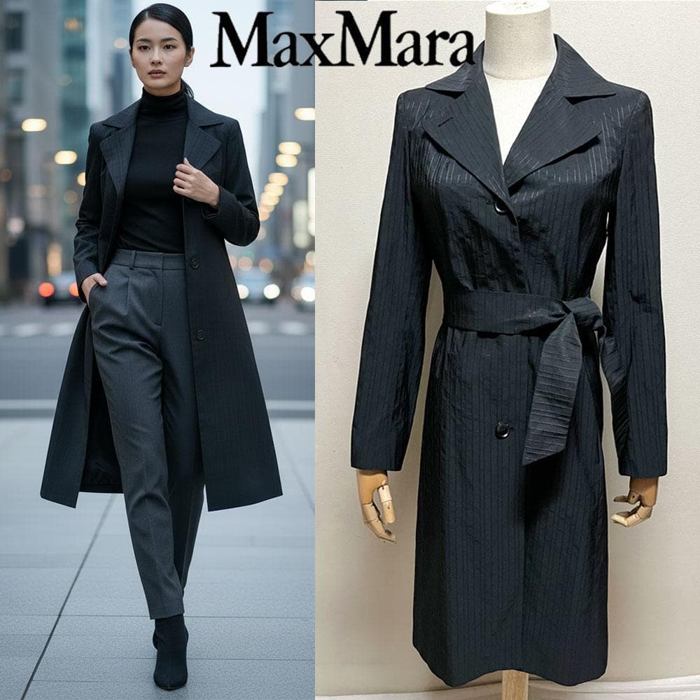 美品 MaxMara 最高級白タグ シルク トレンチコート ベルト付き ブラック