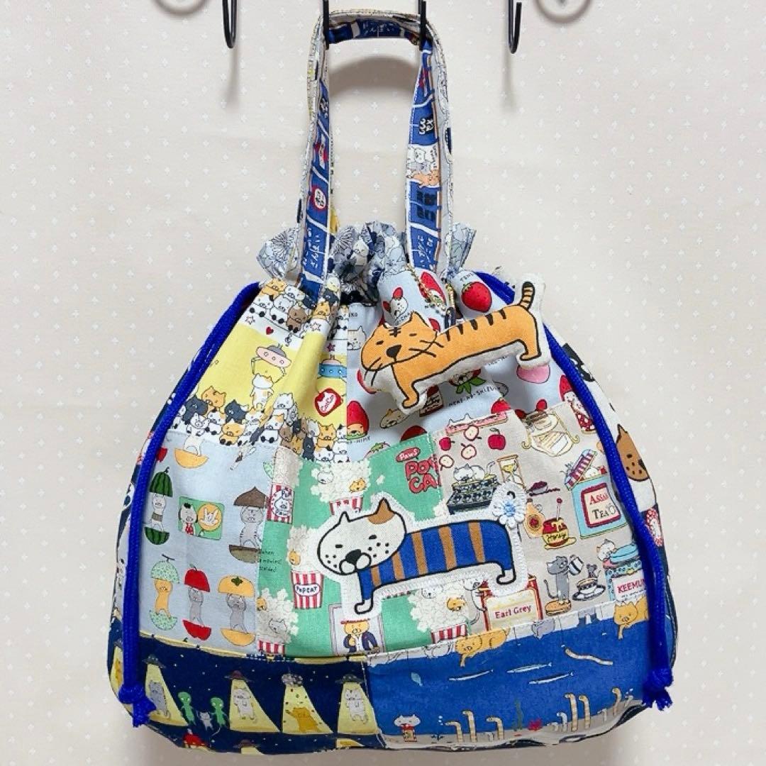 チューリップ型 巾着トートバッグ ねこ生地パッチワーク 3way ギター猫
