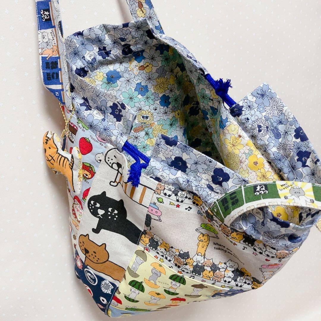 チューリップ型 巾着トートバッグ ねこ生地パッチワーク 3way ギター猫