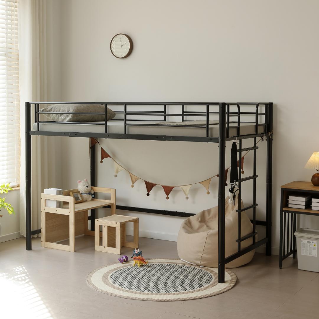 【高さ140cm】ロフトベッド パイプベッド シングル 耐荷重150 BLACK