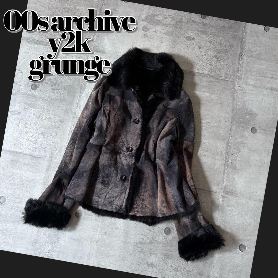 00s ラビットファー レザージャケット ムラ染 グランジ ダークコア y2k