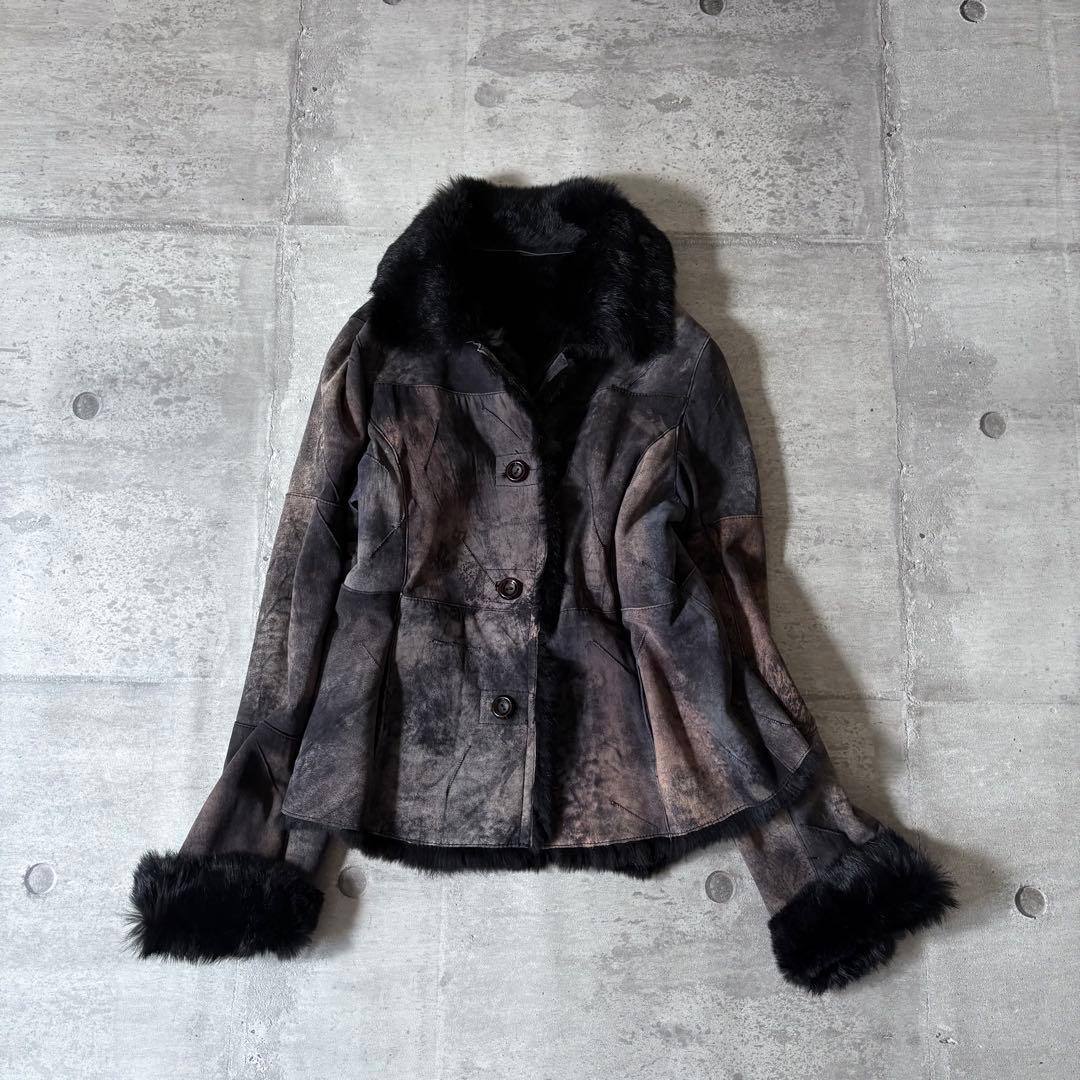 00s ラビットファー レザージャケット ムラ染 グランジ ダークコア y2k