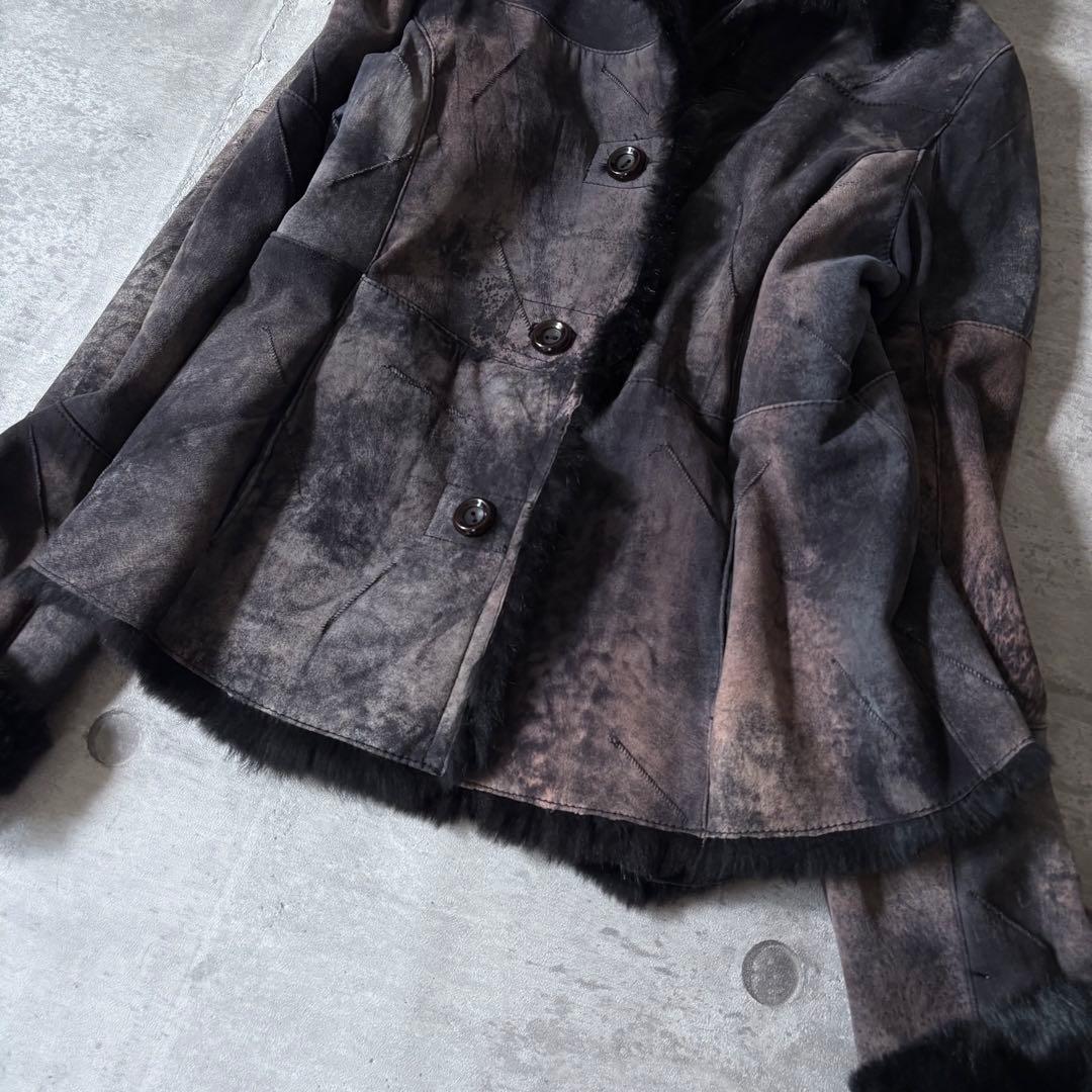 00s ラビットファー レザージャケット ムラ染 グランジ ダークコア y2k