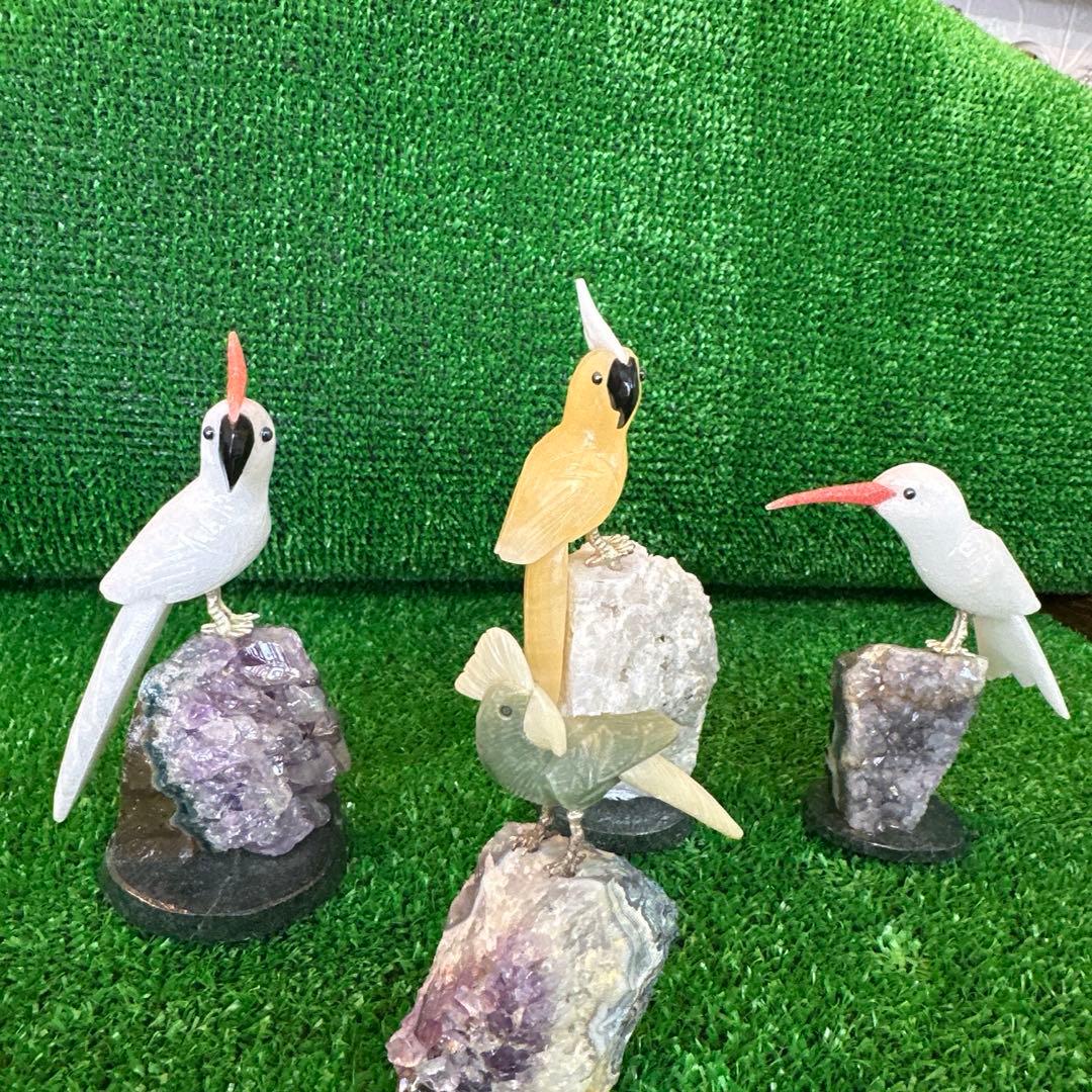 天然石 鳥 彫刻 置物 4点セット アメジスト台座