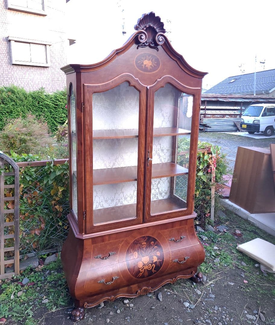アンティーク調 ガラスキャビネット 象嵌細工 箪笥 木製 イタリア 西洋家具
