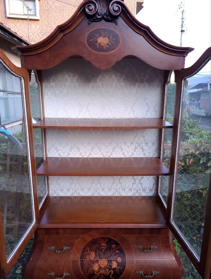 アンティーク調 ガラスキャビネット 象嵌細工 箪笥 木製 イタリア 西洋家具