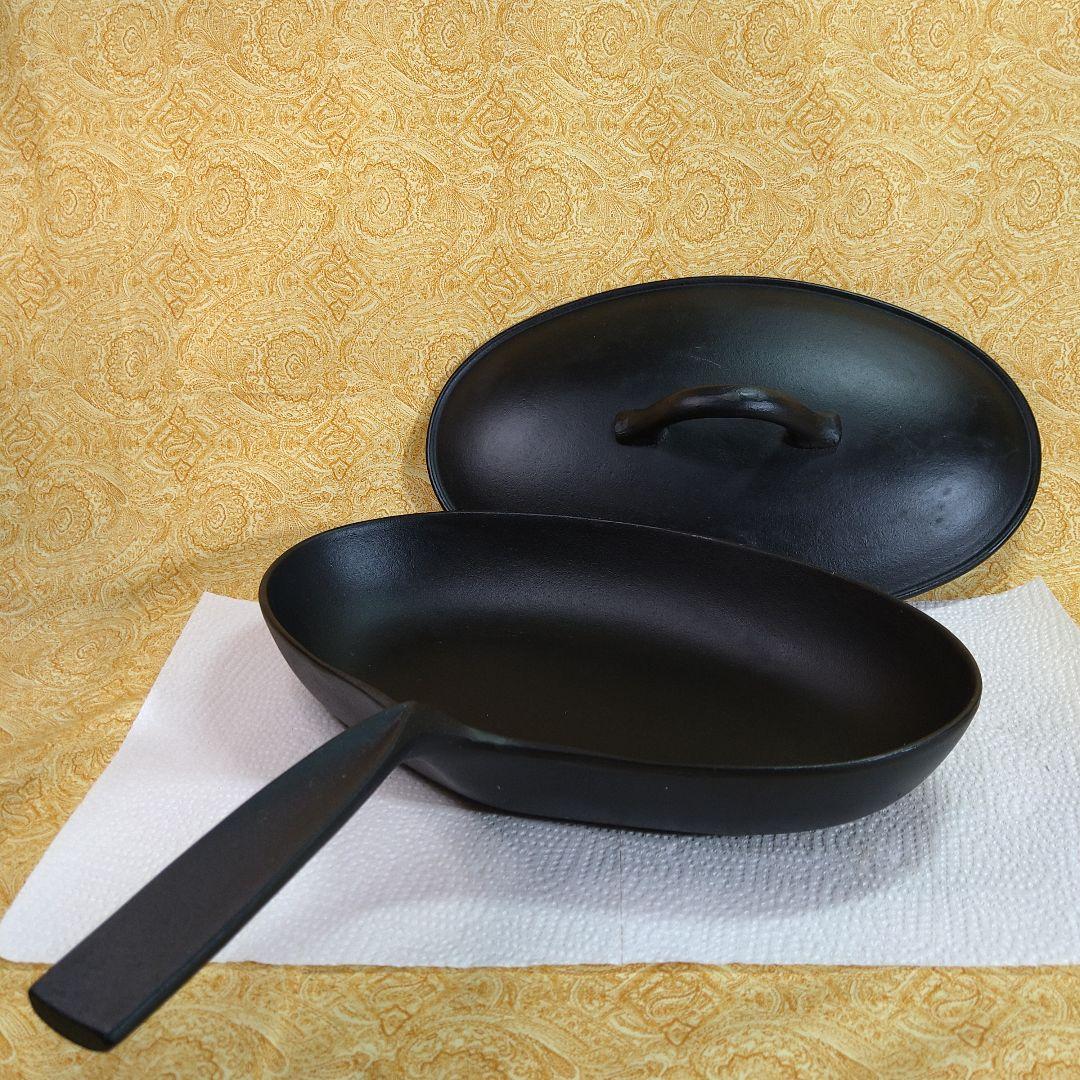 【まんまる様宛】鋳鉄製 蓋付きグリルパン／楕円形 黒