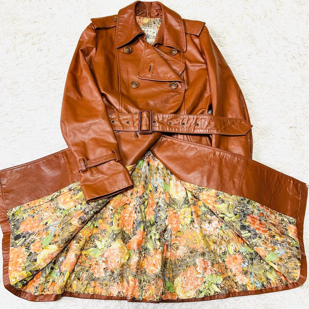 グレース ダブルトレンチコート リアルレザー 牛革 裏地総花柄 ブラウン38/M