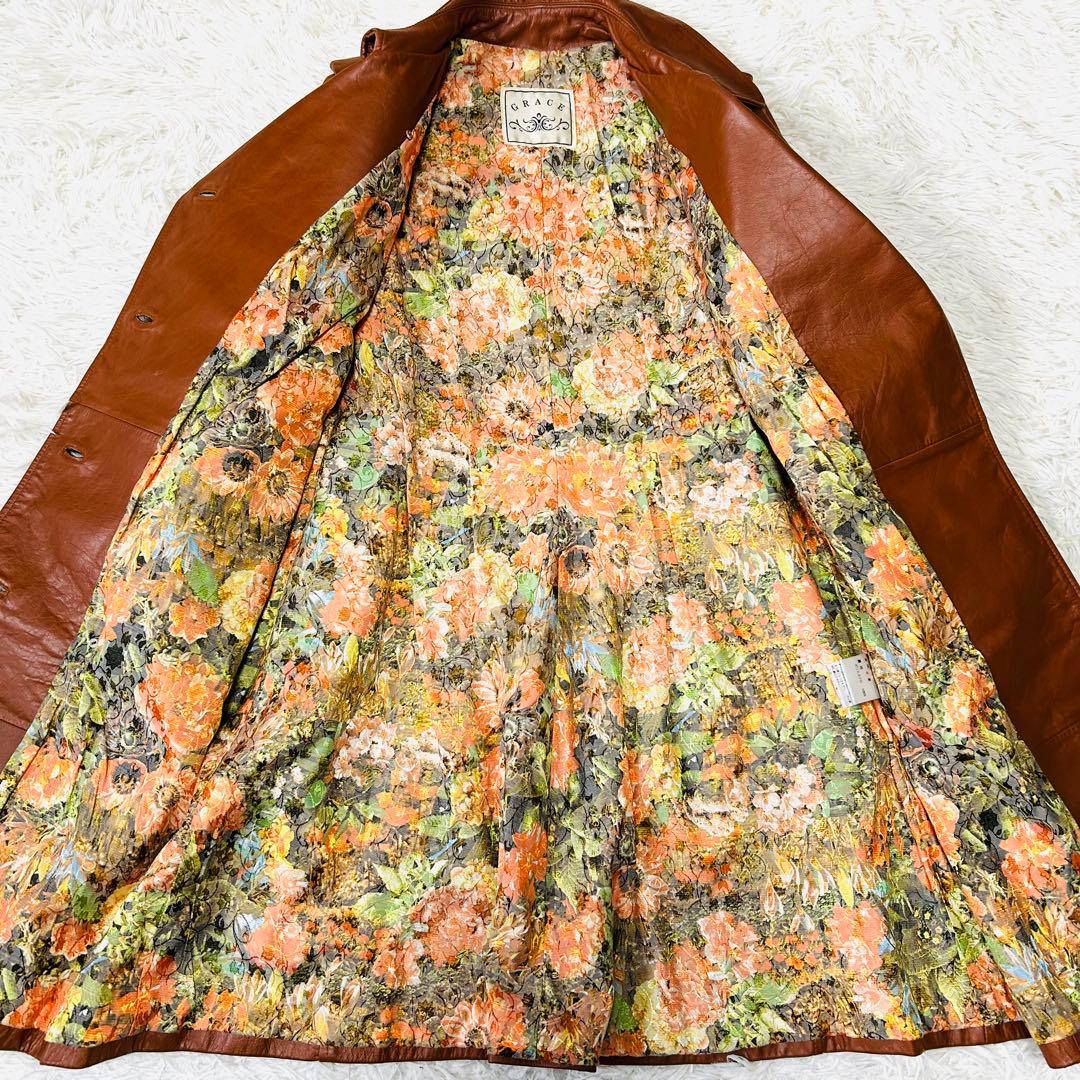 グレース ダブルトレンチコート リアルレザー 牛革 裏地総花柄 ブラウン38/M