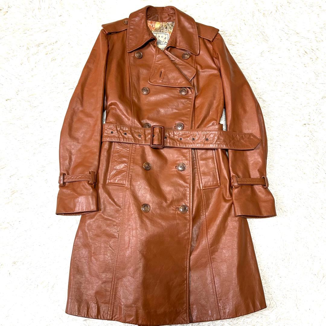 グレース ダブルトレンチコート リアルレザー 牛革 裏地総花柄 ブラウン38/M