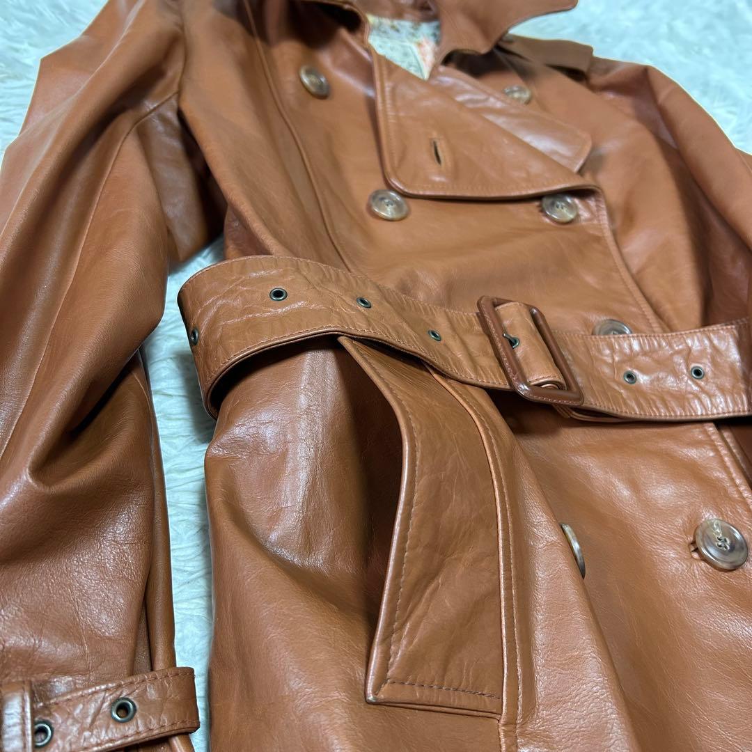 グレース ダブルトレンチコート リアルレザー 牛革 裏地総花柄 ブラウン38/M