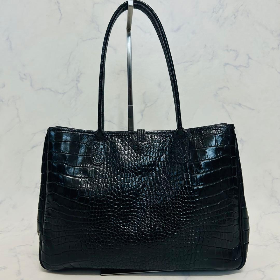 【美品】ロンシャン ロゾ クロコ型押し ハンドバッグ トートバッグ　ブラック　黒