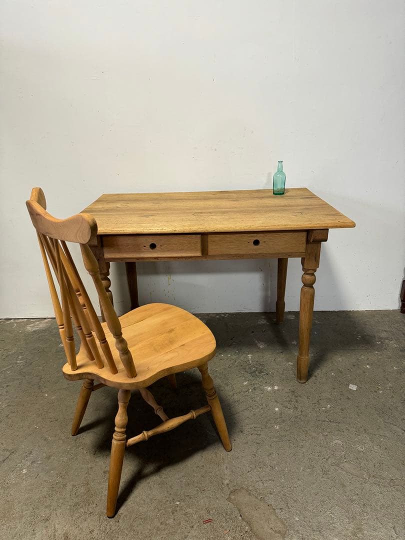 無垢材 テーブル 机 引き出し ろくろ足 レトロ ビンテージ アンティーク