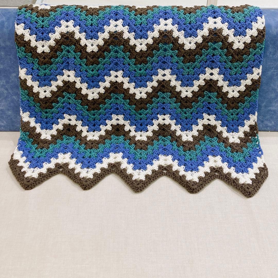 ブランケット　手編み　配色　4カラー　アースカラー　ギザギザ　シェブロン　波模様