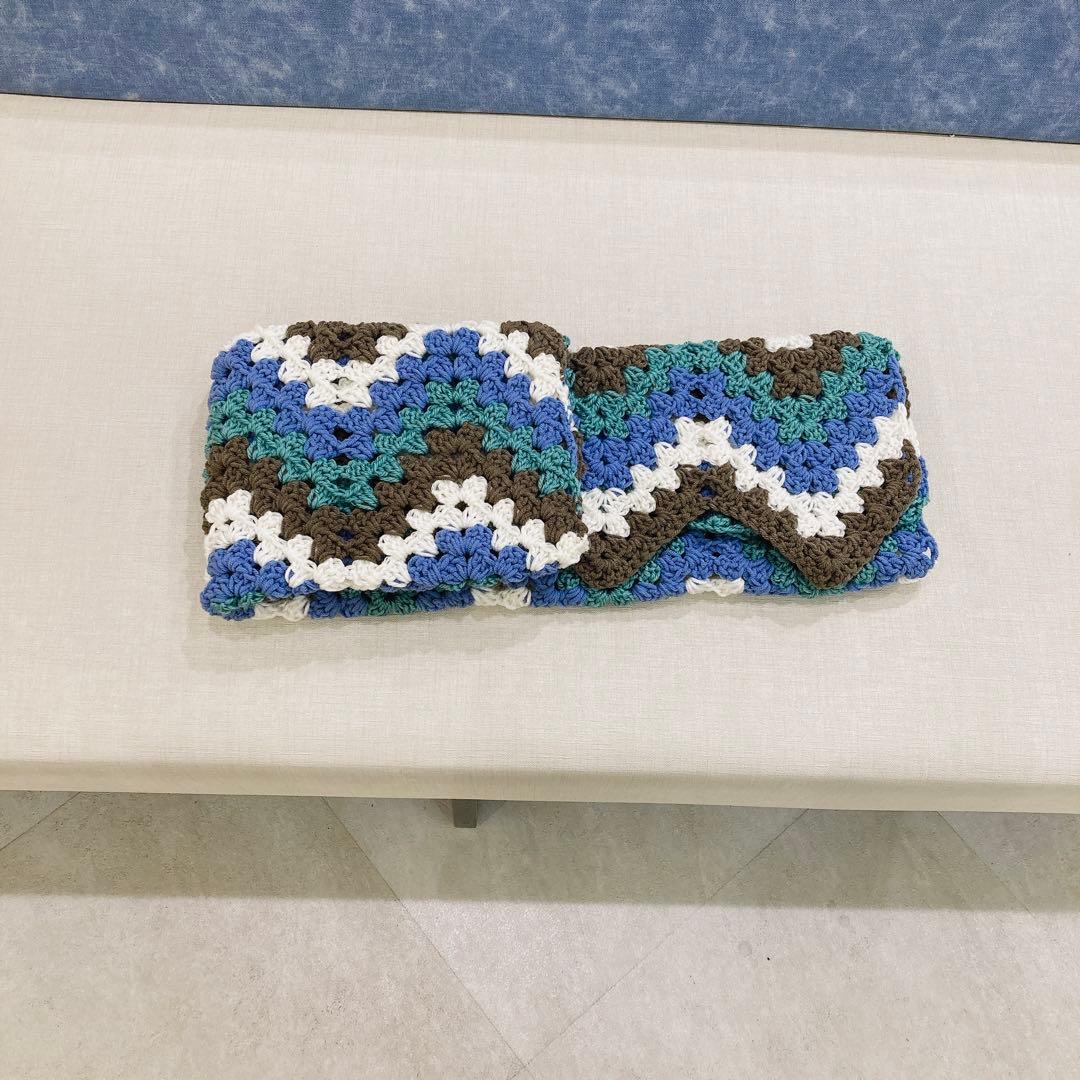 ブランケット　手編み　配色　4カラー　アースカラー　ギザギザ　シェブロン　波模様